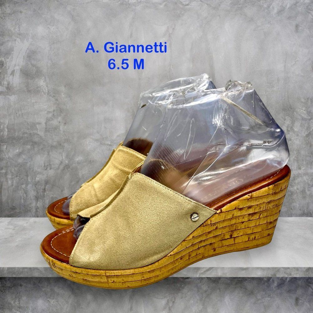 A. Giannetti Womens Beige Suede Italian Made Platform Wedge Sandal‎ Size 6.5 M